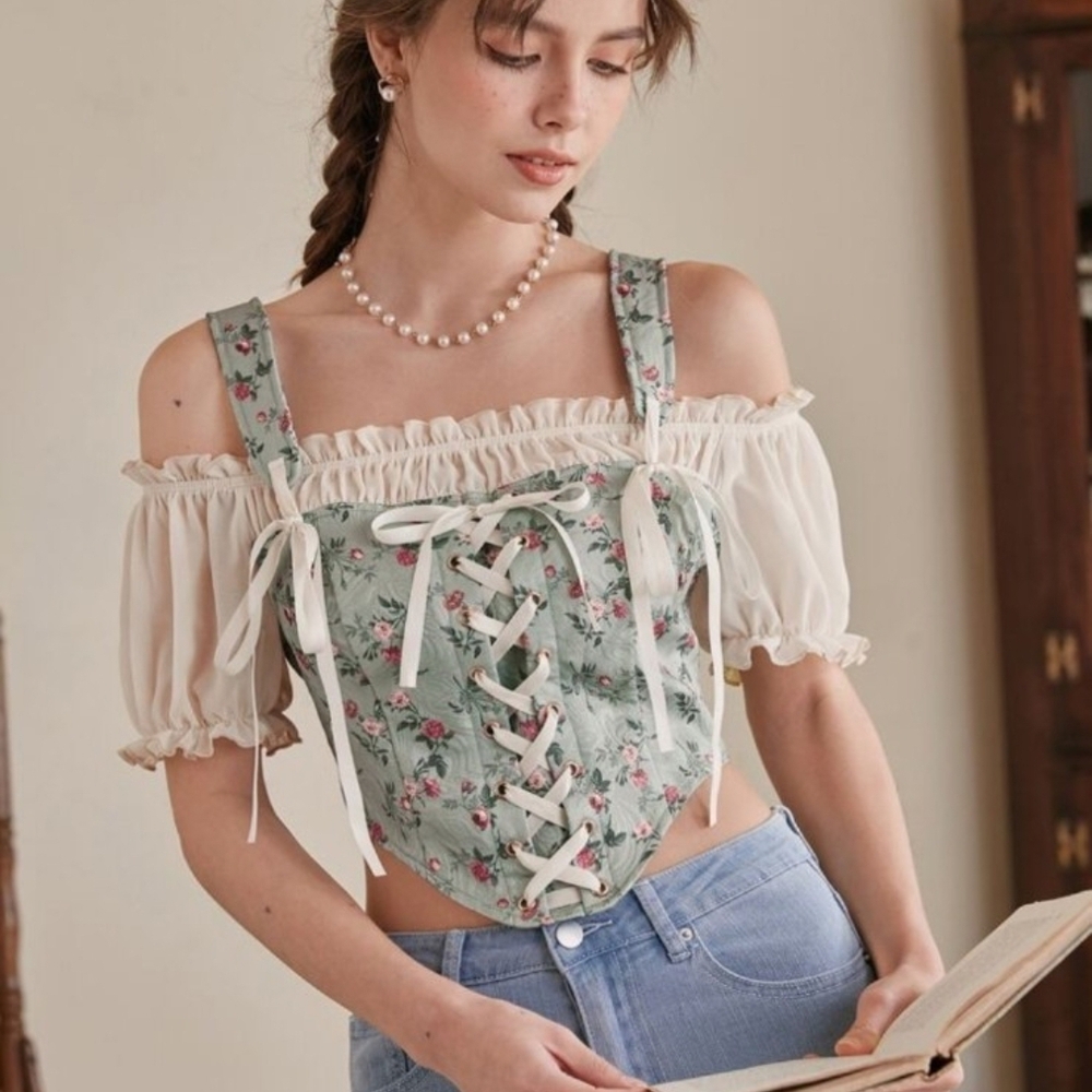 Floral Lace-Up Off-Shoulder Top ROMWE